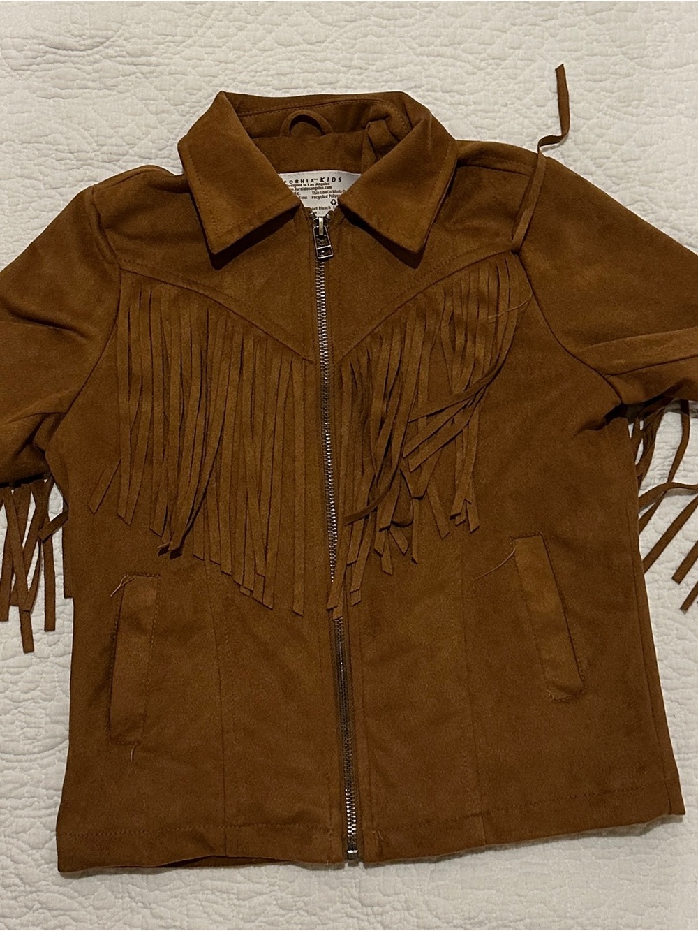 Kids Brown Suede Fringe Zip Jacket